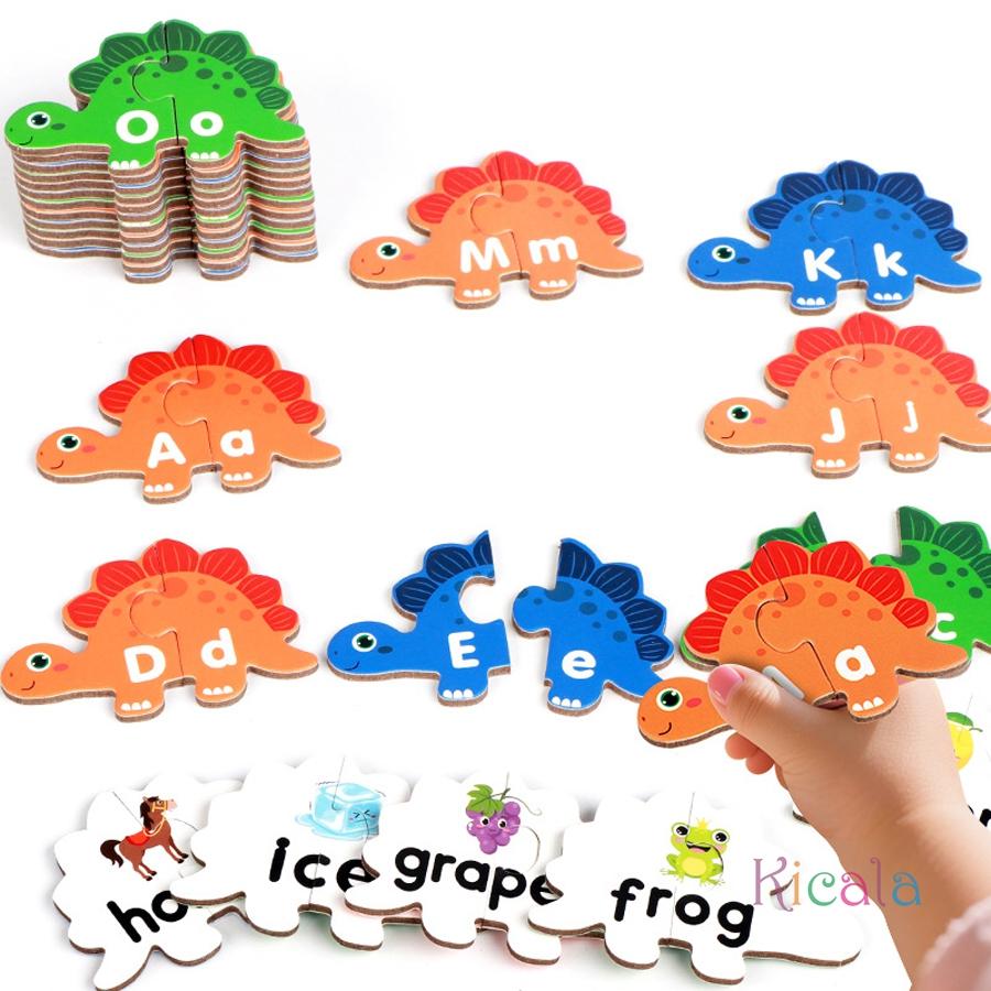 Wooden Dinosaur Alphabet Matching Puzzle , Double Sided Cards Words And Letters Learning Toy for Kids Interactive Tabletop Game
