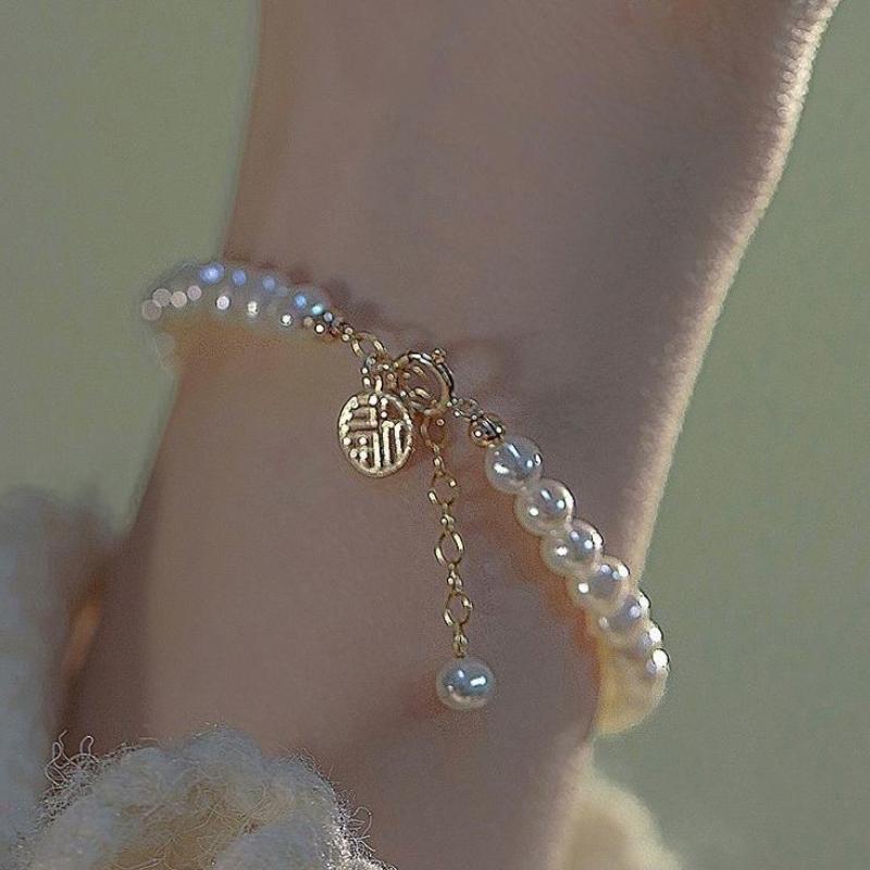 Imitation Pearl Hollow Copper Money Adjustable Bracelet For Elegant Hollow
