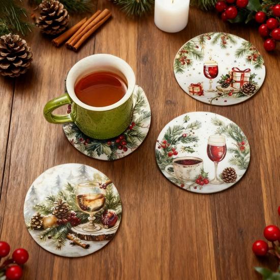 6 шт./набор Рождественская подставка Снежная сцена Принт сосновой ветки Подставки Водонепроницаемые Декоративные Рождественские настольные аксессуары