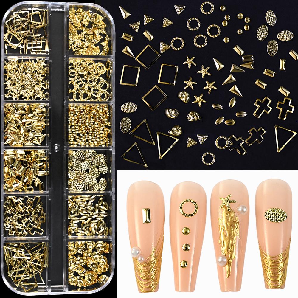 12Grid/box Золотые Серебряные Полукруглые Бусины Икры Подвески для ногтей 1/2/3/5 мм Плоские Круглые Стальные Бусины для ногтей Микро Шарики Маникюрные Бусины