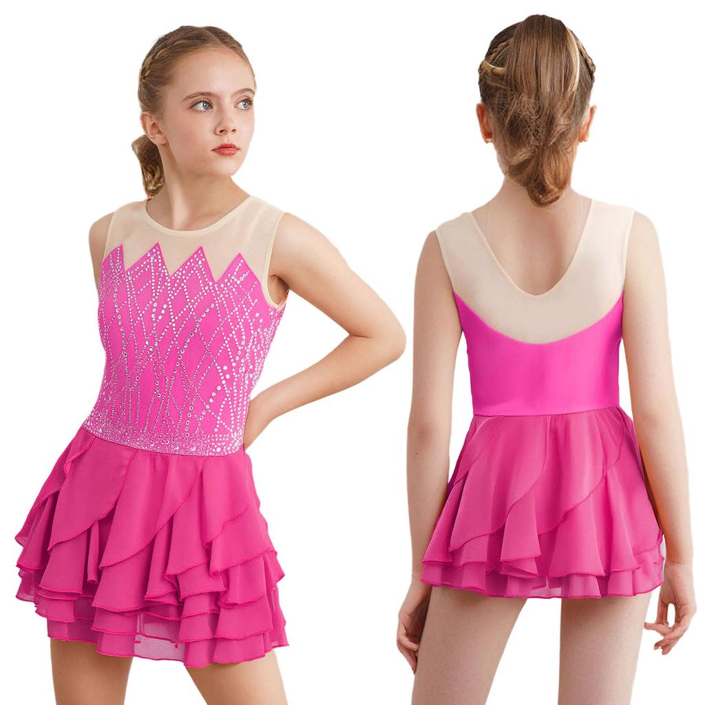 Kids Girls Rhythm Gymnastics Ballet Skirted Leotards Dresses Shiny Rhinestones Figure Skating Lyrical Dance Performance Costume