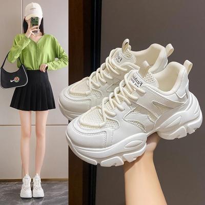 Мода Женские Новые Модные Кроссовки на Толстой Подошве 2024 Осень Повседневная Спортивная Обувь для Ходьбы Сетка Кожа Балетки Универсальная Женская Обувь