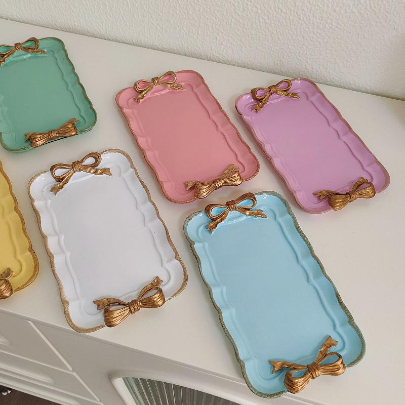 Resin Jewelry Tray with Delicate Gold Bow, Lovely Vanity Storage for Lipstick Rings Earrings Gift for Women