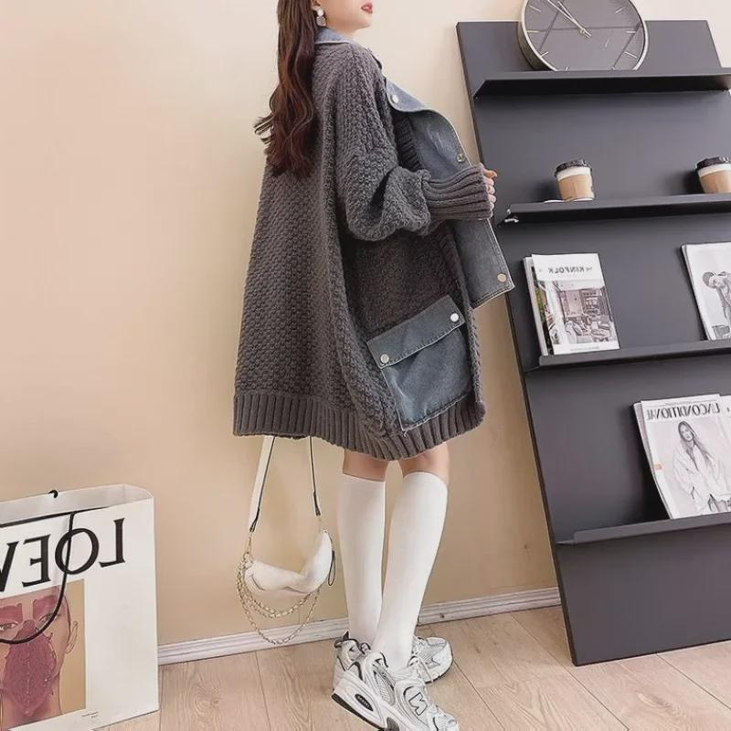 2024 Женская свободная джинсовая куртка-свитер из двух частей с имитацией вставки на осень/зиму