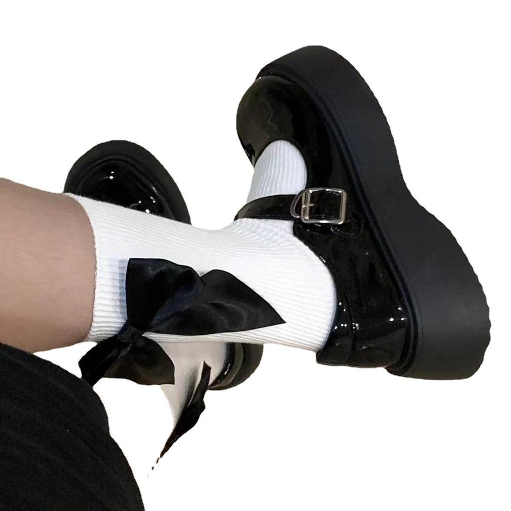 Lolita Black Bow Socks for Women: Korean Style Spring/Summer Sweet Mid-Calf Socks, Perfect with Small Leather Shoes and Princess Outfits.
