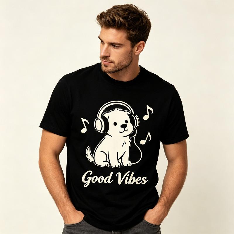 Cute Dog with Headphones Good Vibes Unisex T-Shirt Soft Comfort Streetwear