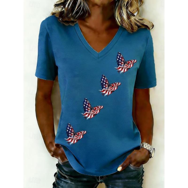 Women's T Shirt Print Graphic Flag American Flag Vintage Stylish Classic Short Sleeve V Neck Regular Tops Summer Spring