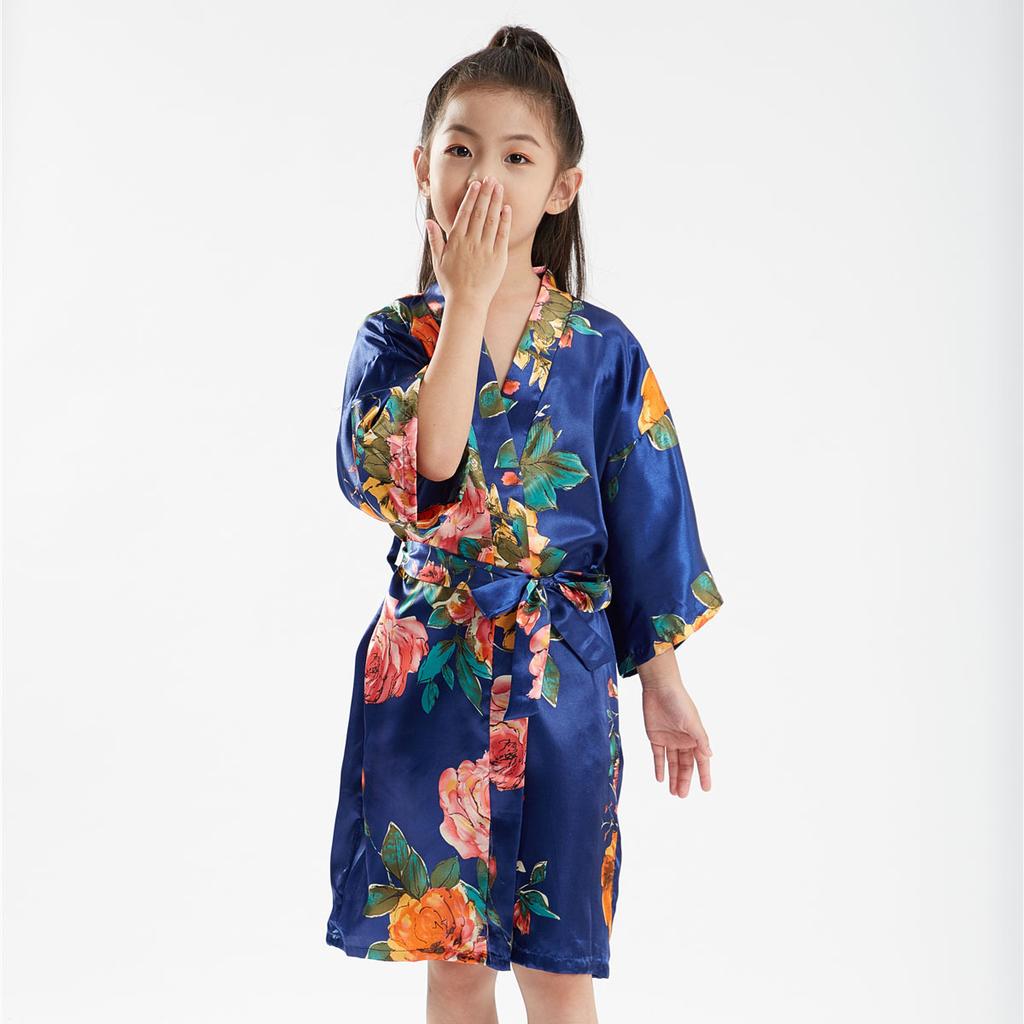 Children's Bathrobe Comfortable and Elegant Temperament Simulation Silk Sleeping Robe Sateen Children's Hand-painted Peony Baby Walking Robe