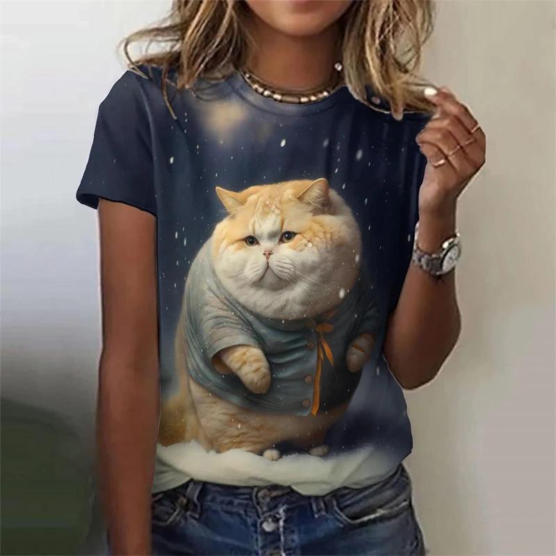 Летний топ с круглым вырезом и принтом 3D Funny Fat Cat, модные повседневные женские футболки с короткими рукавами