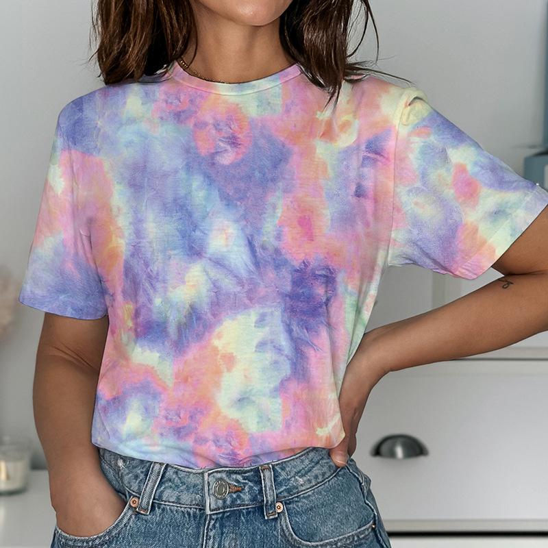 Летний топ с круглым вырезом и принтом 3D Tie Dye, модные повседневные женские футболки с короткими рукавами