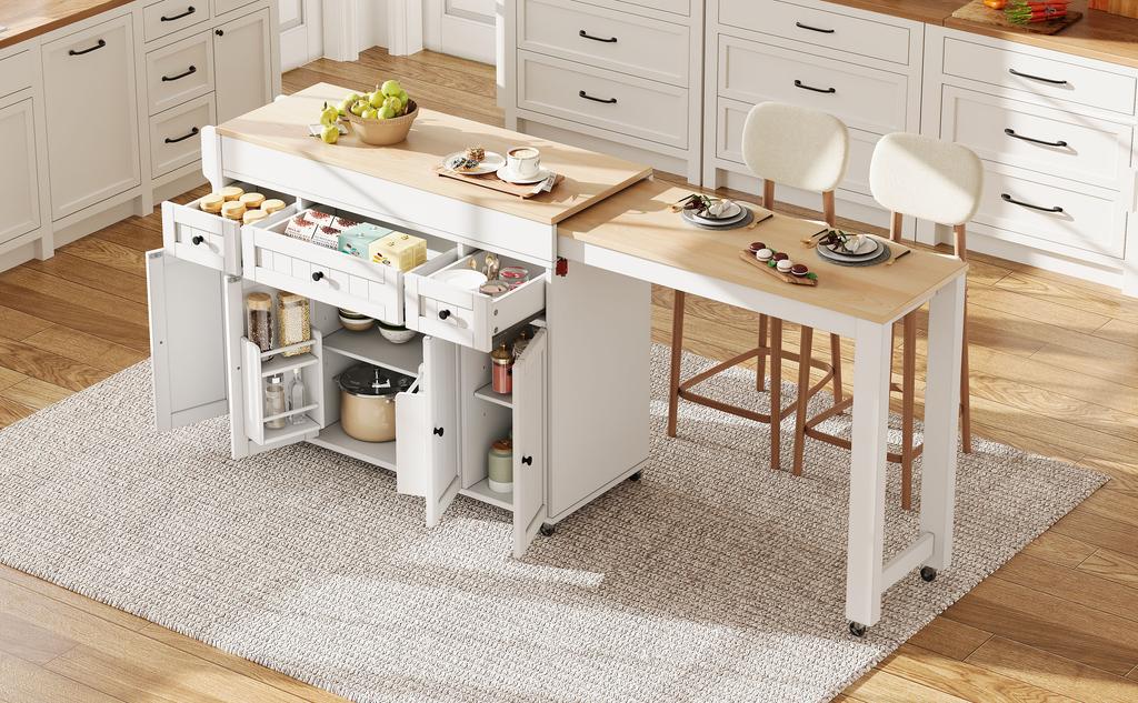 Kitchen Island on Wheels, Extendable Dining Area with Spice Rack and Drawers, Mobile Freestanding, Ideal for Kitchen and Dining Room (White)