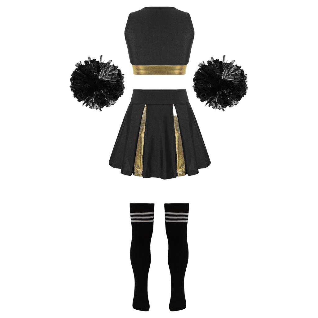 Детские танцевальные наряды для черлидинга для девочек, укороченный топ без рукавов с v-образным вырезом и буквенным принтом, плиссированная юбка, 2 шт., цветочные шарики, 1 пара полосатых носков