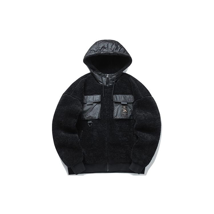 Anta Black Unisex Fleece-Spliced Hooded Warm Jacket 152148738-3