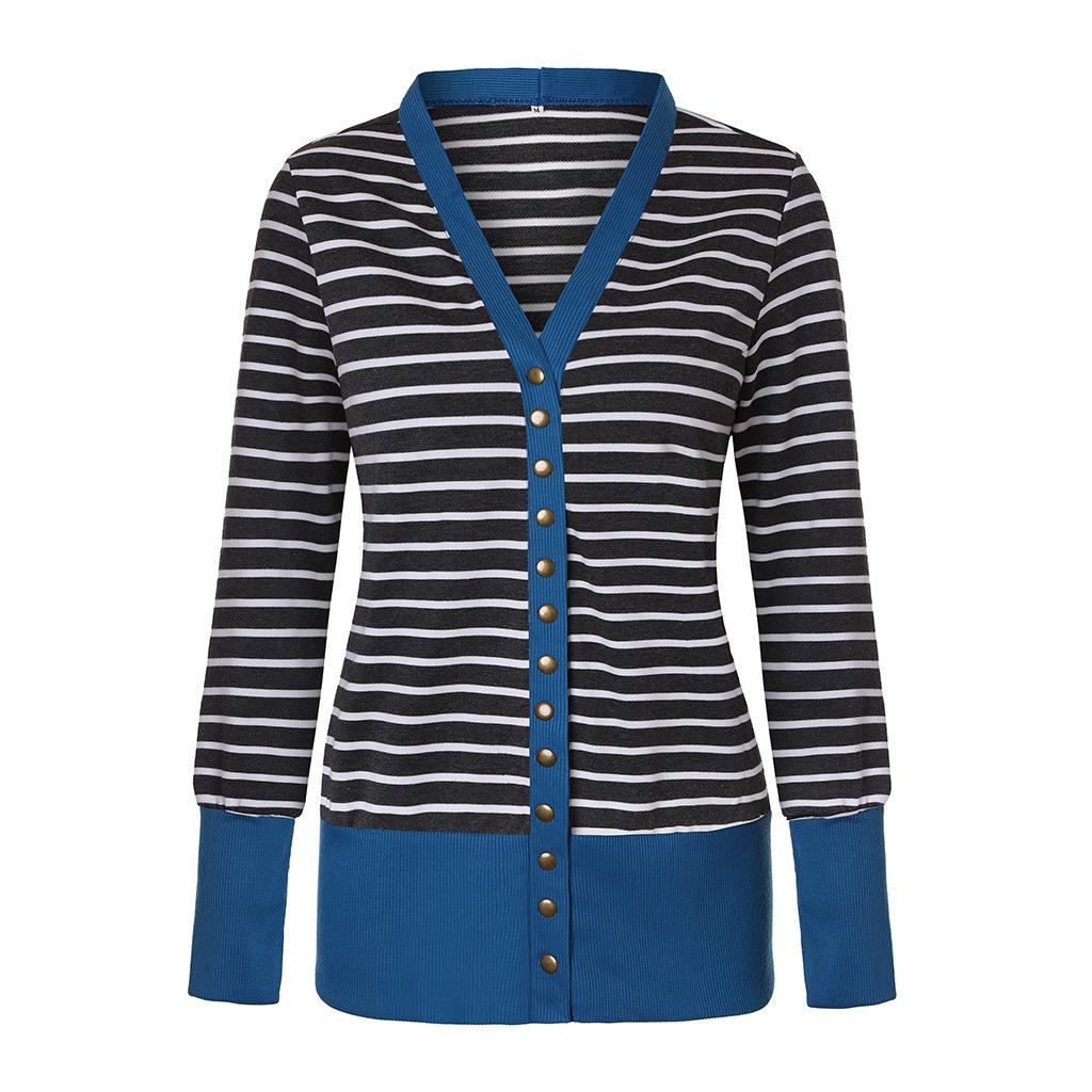 Women's Long Sleeve Ribbed Neckline Open Front Stripe Snap Button Down Knit Cardigans Sweater Coats