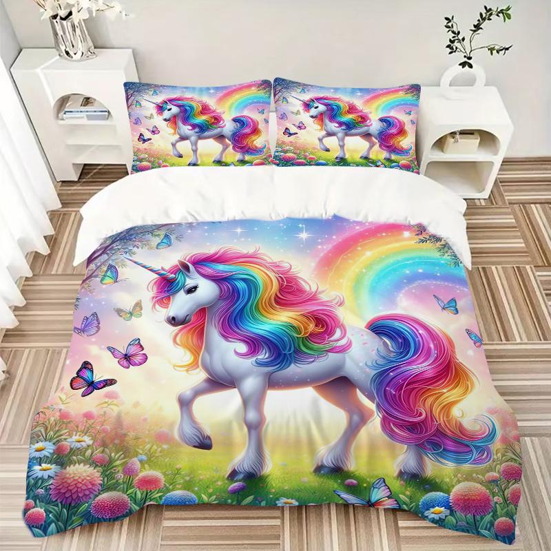 3Pcs Rainbow Unicorn Garden Bedding Set Quilt Cover Pillowcase Home Christmas Xmas Halloween Gift 1 Duvet Cover 2 Pillowcase M924450