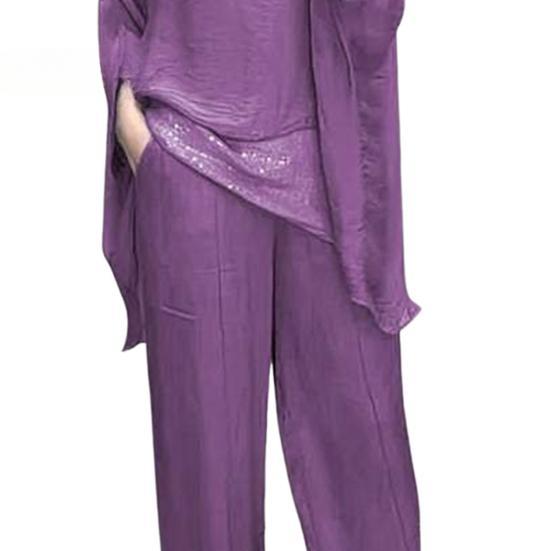 Women 2-Piece Top & Pant Set Crew Neck Shirt Wide Leg Pants Outfit Tracksuit
