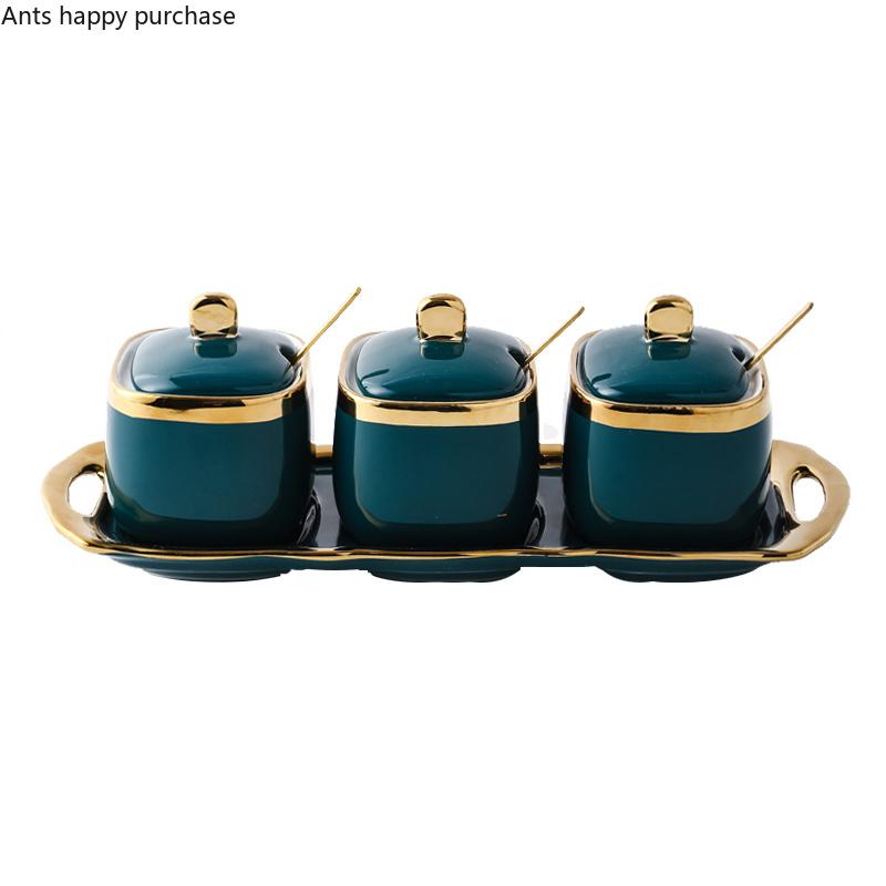 Зеленая керамическая сахарница с соленой банкой глутамата натрия, емкость для приправ, домашнее хранение, три упаковки, бытовая с крышкой-ложкой, ящик для хранения специй