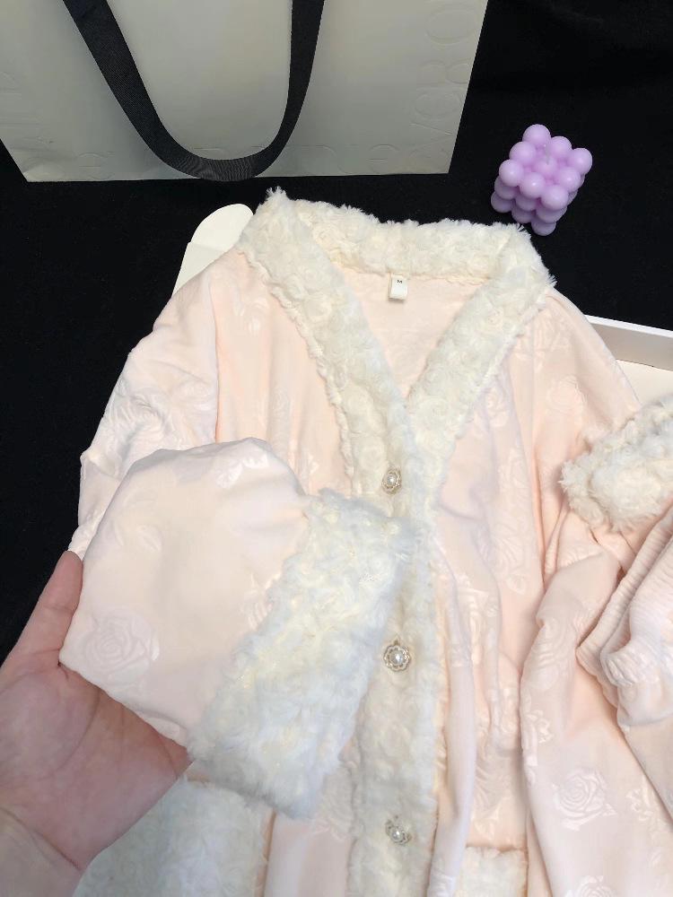 Женский пижамный комплект из розового флиса - Лонгслив и брюки, осенне-зимний стиль