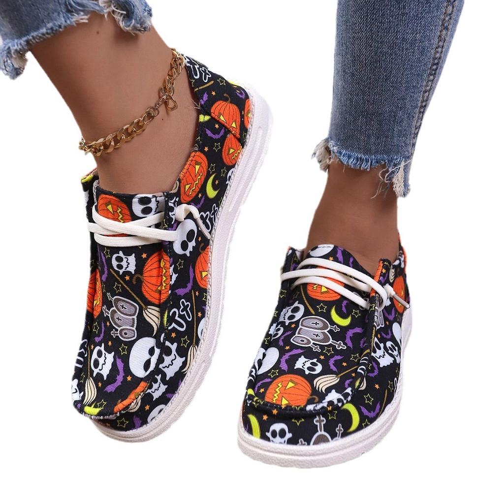 Large Size Women'S Single Shoes Spring And Autumn Halloween Elements Printed Ghost Skull Canvas Shoes Casual Single Shoes