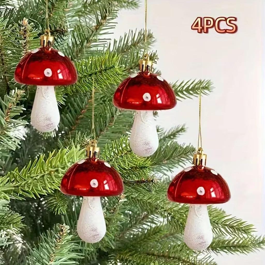 4PCS Christmas Mushroom Hanging Decorations - Red and White Bright Faced Mushrooms, Used for Christmas Tree and Party Decoration