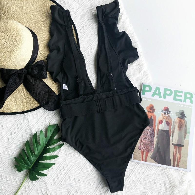 Сексуальный цельный комплект бикини с глубоким v-образным вырезом и рюшами, женский купальник с эластичным поясом и высокой талией, однотонный монокини с открытой спиной, пляжный купальник