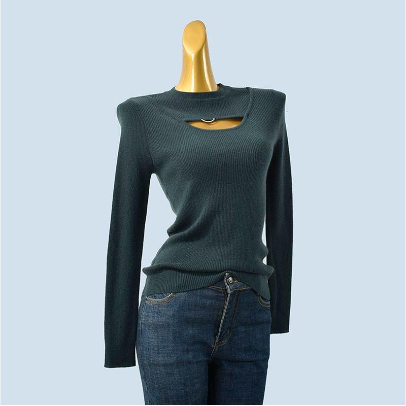 Soft Glutinous Inner Wear Spring and Autumn Sunken Stripe Silm Long Sleeves Pure Color Knitting Woolen Sweater Cut Out Stylish Women's Clothing