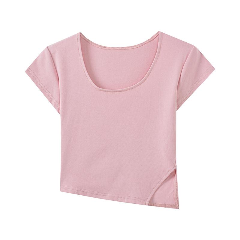 Summer Square Neck Short Slim T-shirt with Irregular Base and Hot Girls with Women's Slit Short-sleeved Tops Make Them Look Slim
