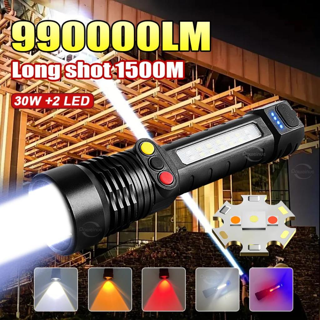 99000LM High Power Flashlight 3 Light Source Rechargeable Torch With Yellow Light Outdoor Work Camping Lantern Zoom Torch Light