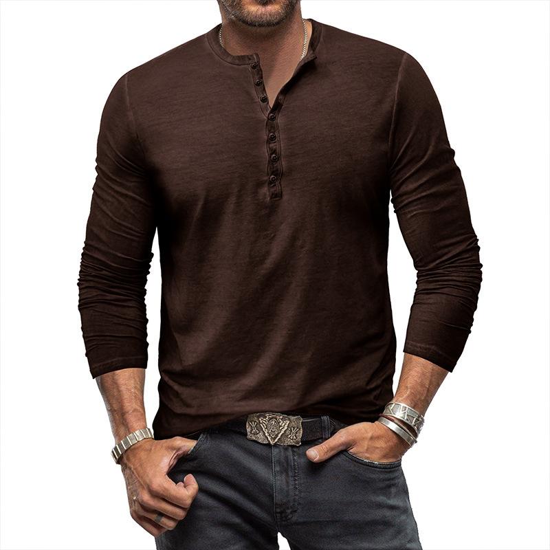 Мужская однотонная рубашка-henley с длинным рукавом, повседневная верхняя одежда на пуговицах