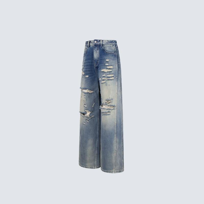 Unisex High Street Rivet Distressed Jeans Loose Wide Leg Washed Denim Pants Teens