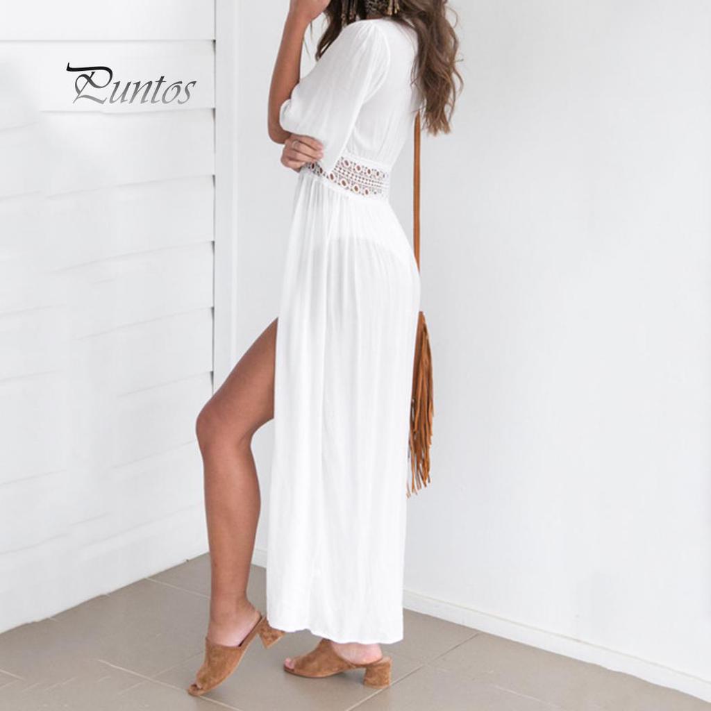 Women Solid Color Hollow Smock Long Bikini Cover Up Lacing Cardigan Beachwear