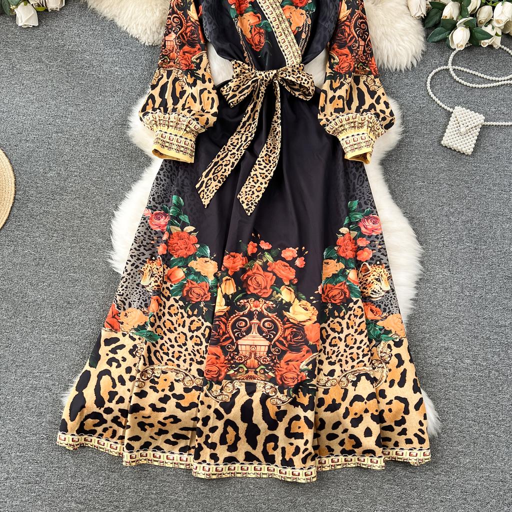 Весенне-осеннее женское винтажное праздничное платье с принтом и v-образным вырезом на шнуровке, длинное платье макси до щиколотки