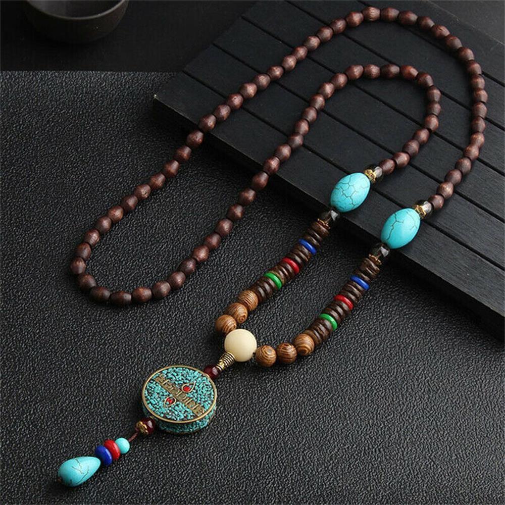 Boho Ethnic Jewelry Lucky Gift Party Mala Wood Bead Buddhist Horn Fish Pendant Nepal Necklace