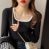 Long-sleeve T-shirt for Women Spring and Autumn Bottom Blouse Slim Knitted Patchwork Square Neck Top