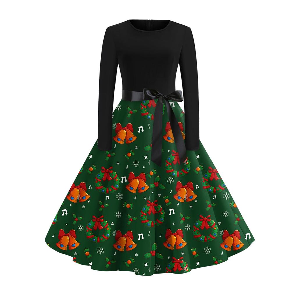 Рождественский принт расклешенное платье для женщин платье с длинным рукавом полые вечерние повседневные платья