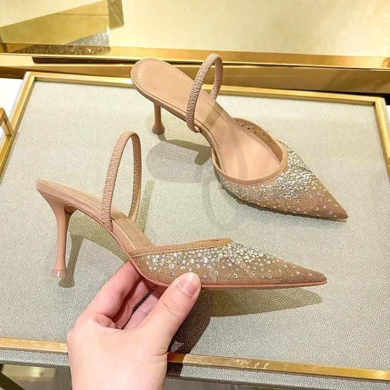 Fashion Luxury Designer Shiny Rhinestone Mesh Heeled Sandals Women Summer Sexy Pointed Toe Slingbacks Thin High Heels Elegant Dress Shoe