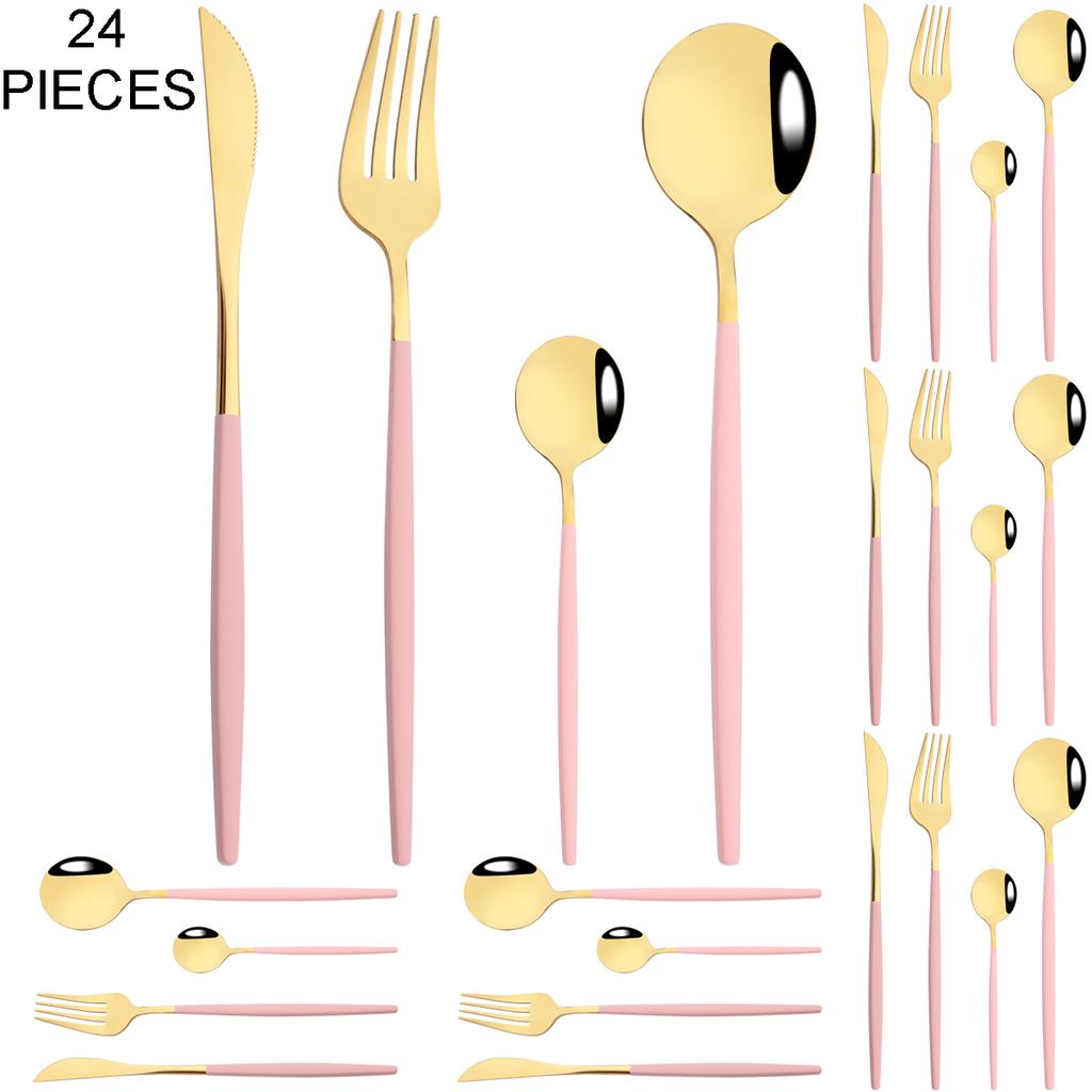Gold 24Pcs Dinnerware Cutlery Set Knife Fork Coffee Spoon Tableware Set Mirror Stainless Steel Flatware Western Kitchen Silverware