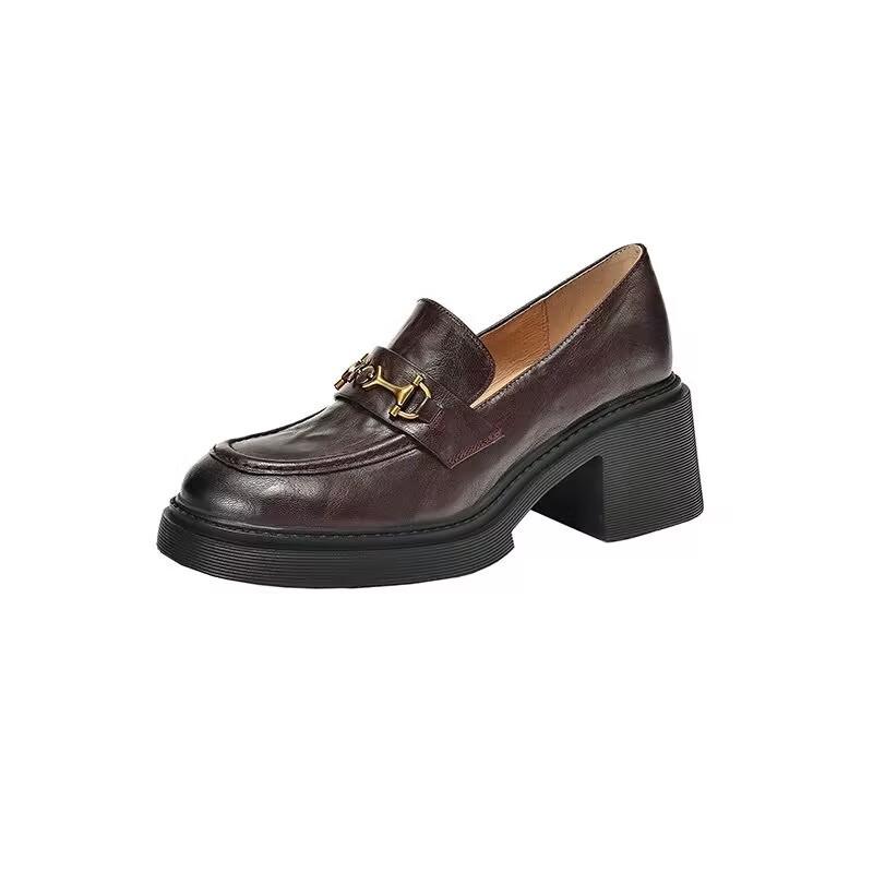 Элегантные и тонкие~ Женские лоферы 2025 новая осень и зима ленивые туфли британский стиль маленькие кожаные туфли толстый каблук высокие каблуки 6 см