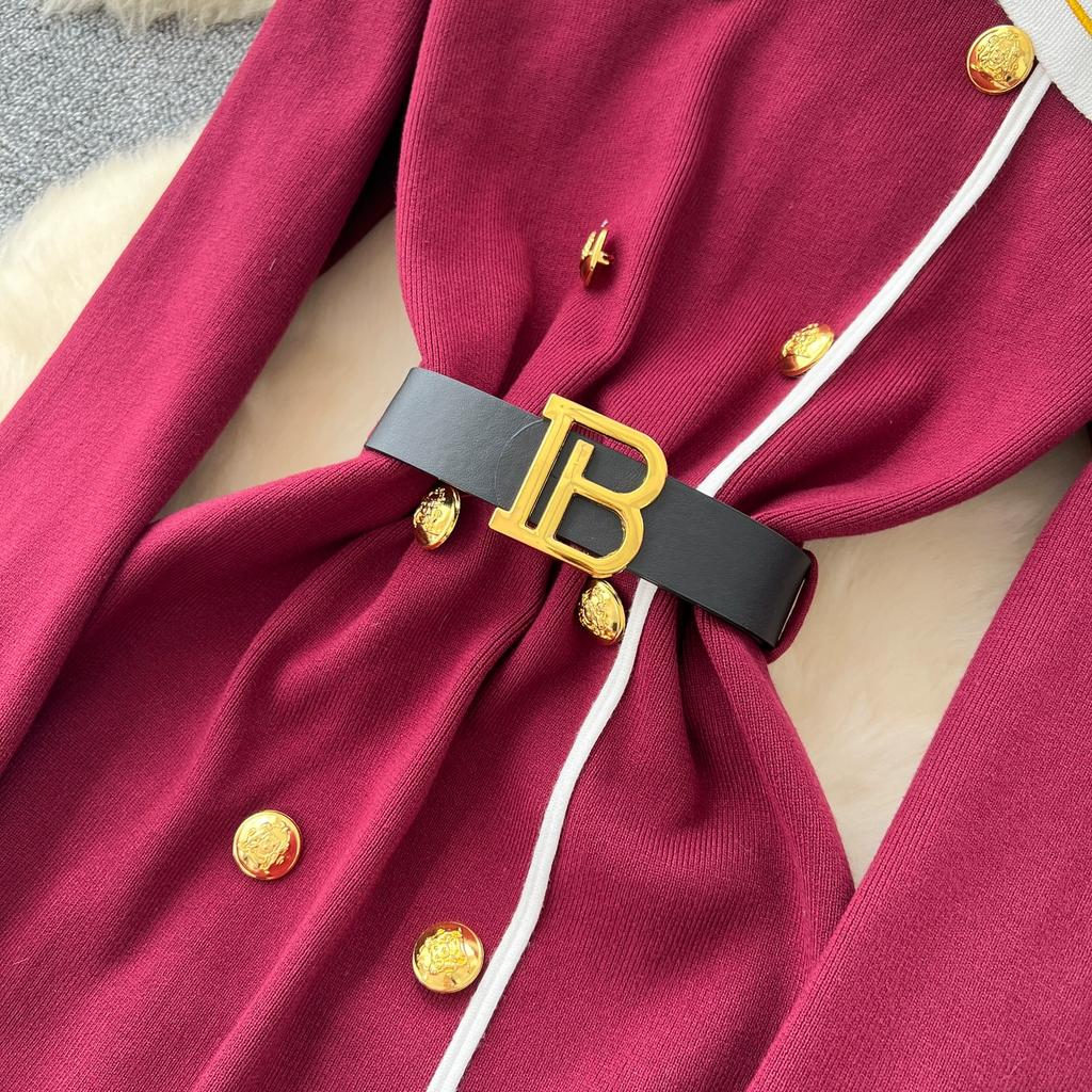Autumn Winter Women Elegant Turn-down Collar Double Breasted Knitted Sweater Office Work Long Midi Dresses with Belt