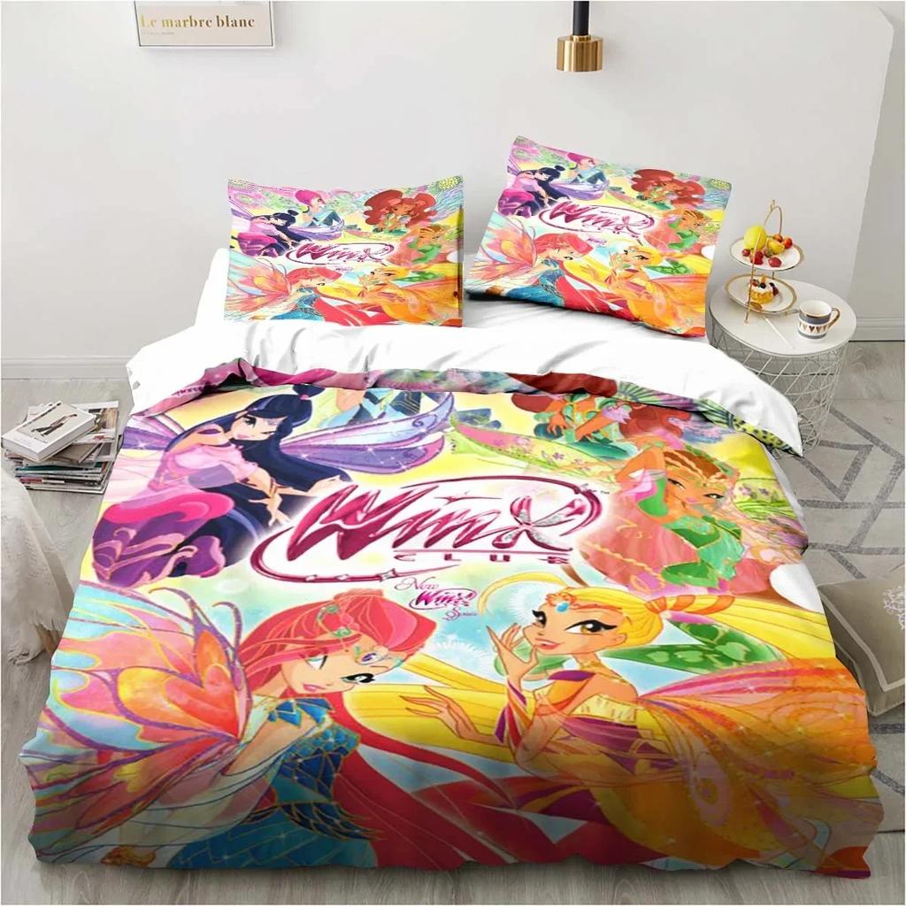 Kawaii Anime Winx Комплект постельного белья Кровать из трех предметов Односпальная двуспальная кровать размера King Size Комплект постельного белья для взрослых и детей Подарок для детей