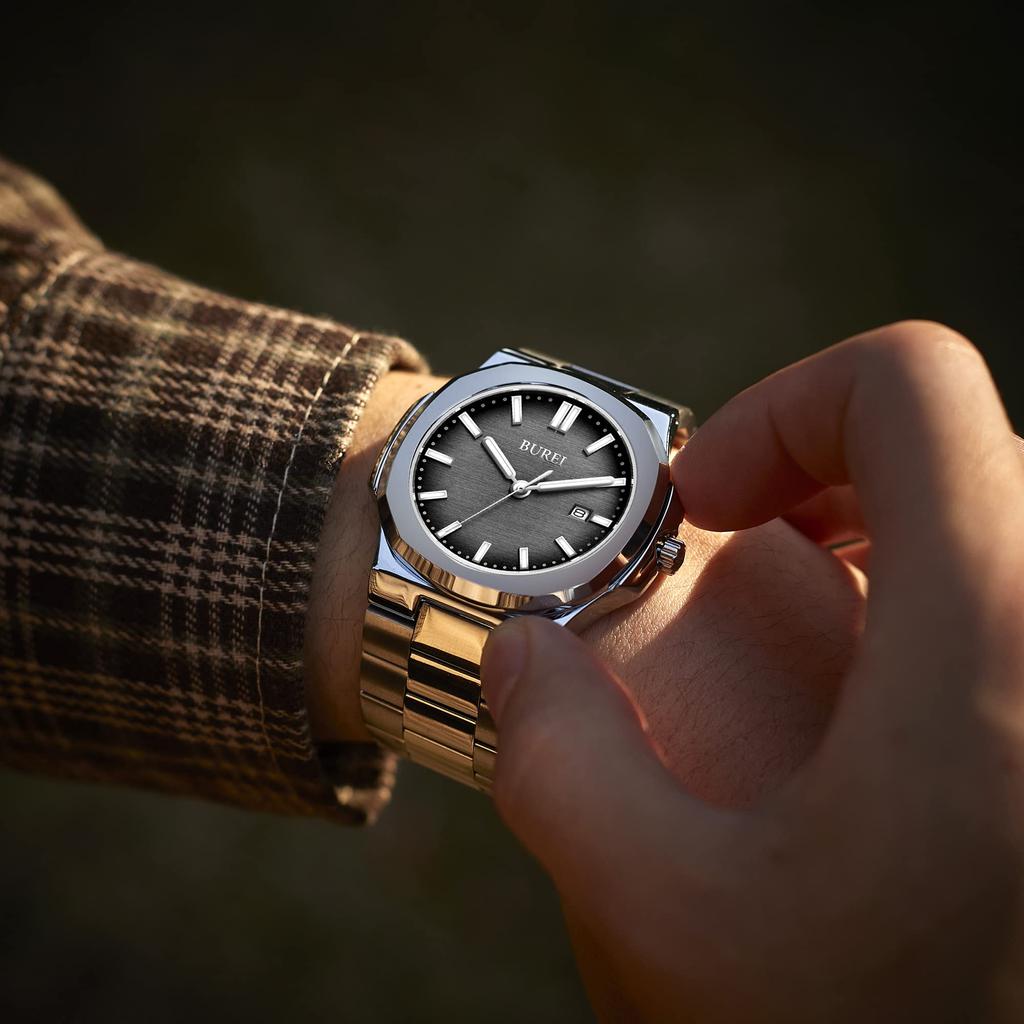 Мужские аналоговые кварцевые часы BUREI, Простой дизайн, Водонепроницаемые, Черные, Популярные, Стильные, Для джентльменов, Деловые, Повседневные, Люминесцентные, Размер S
