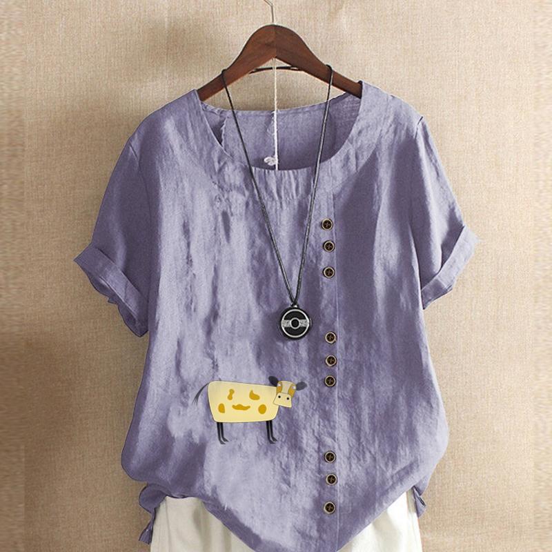 Women's New Fashion Linen Shirt Round Neck Short Sleeve Cattle Printed T-shirt Summer Ladies Casual Plus Size Blouse Tops