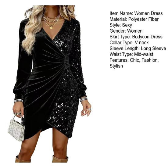 Женское бархатное мини-платье с запахом и пайетками, с длинным рукавом, V-образным вырезом, драпировкой, облегающее фигуру, блестящее, для вечеринки, коктейля, клуба