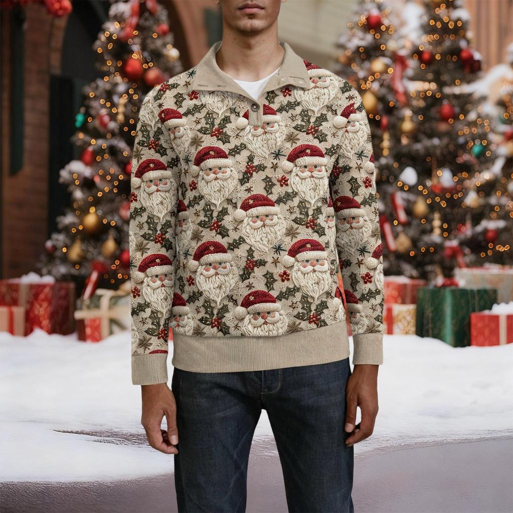 Мужская рождественская хлопковая рубашка-пуловер с длинным рукавом для активного отдыха, винтажная вельветовая рубашка с воротником-стойкой и пуговицами, повседневная толстовка с рождественским принтом