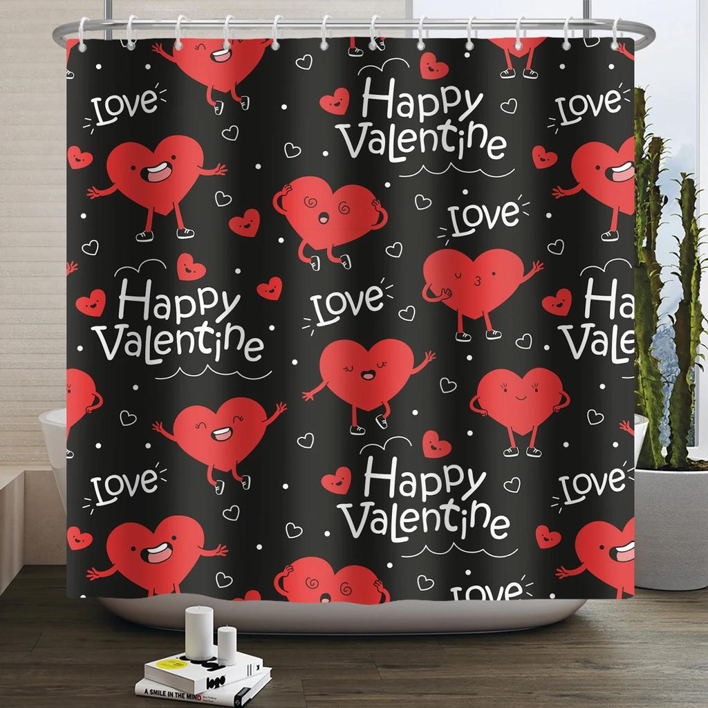 Happy Valentines Day Heart Shower Curtain Red Pink Romantic Falling Love Heart Sweet Lovers Waterproof Bathroom Curtain Decor