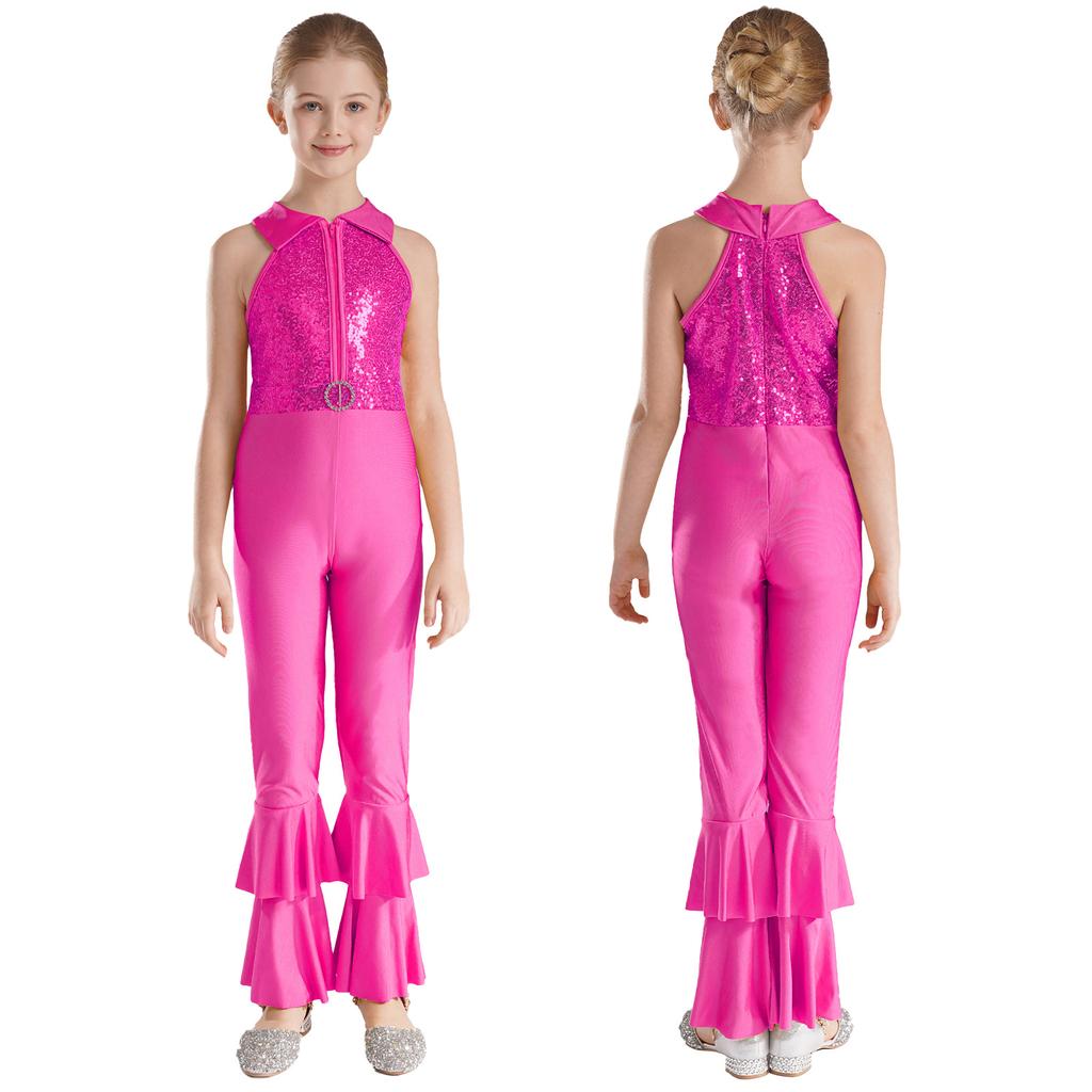 Kids Girls Unitards Bodysuit Sleeveless Tiered Bell-bottom Pants Style Dance Gymnastic Leotard Jumpsuit