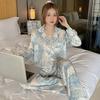 Spring Autumn New Ice Silk Soft Clothes Sets Lapel Button Cardigan Women Sets Luxury Two Pieces Blue Women Pajama