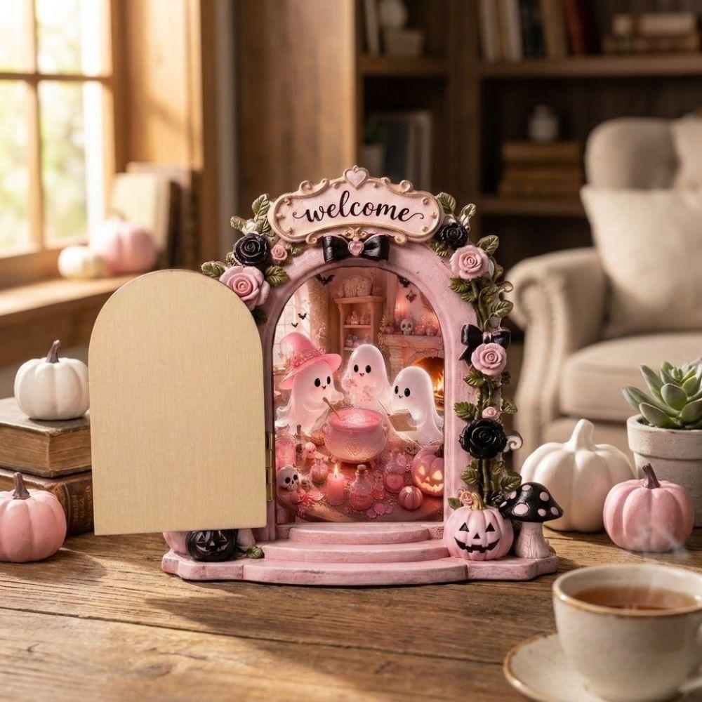 Openable Mini Wooden Ghost Door Figurine Rose Bow Welcome Ghost Door Craft Decor Home Decor