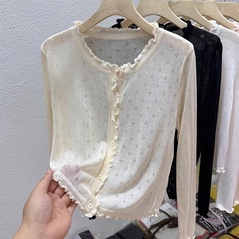 Сладкий ветер полый тонкий вязаный кардиган женский летний уличный солнцезащитный топ уменьшающий возраст грибной край рубашка для кондиционирования воздуха