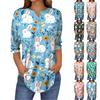 Women's 3/4 Sleeve Easter Egg Bunny Print Button Collar Fashion Casual Top